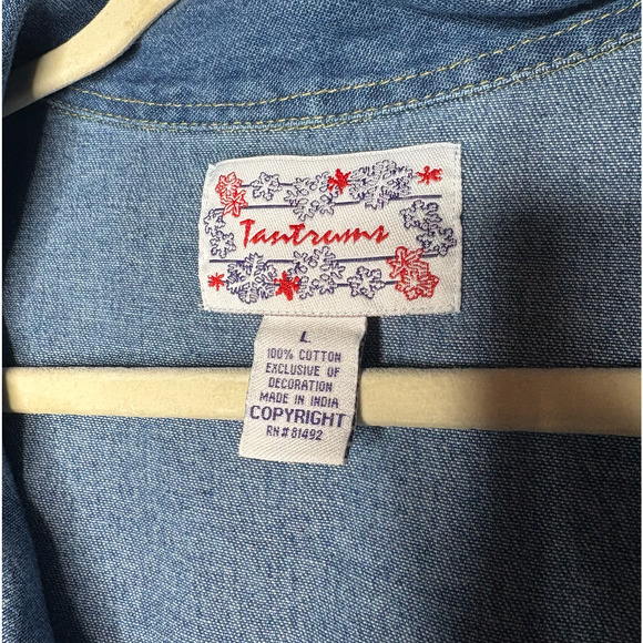 Tantramz Vintage Denim Patchwork Christman Button Up Shirt Lg - Picture 3 of 3